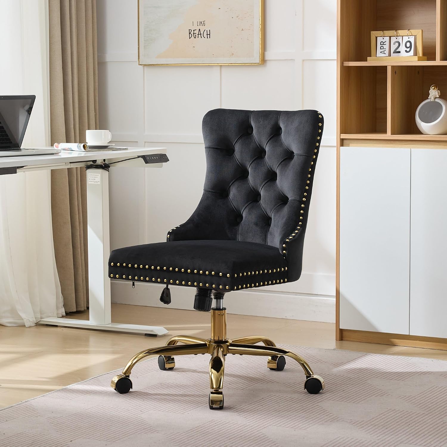 Modern Velvet Office Chair with Tufted Button Design, Adjustable Swivel Desk Chair with Golden Metal Base for Home and Office,Black