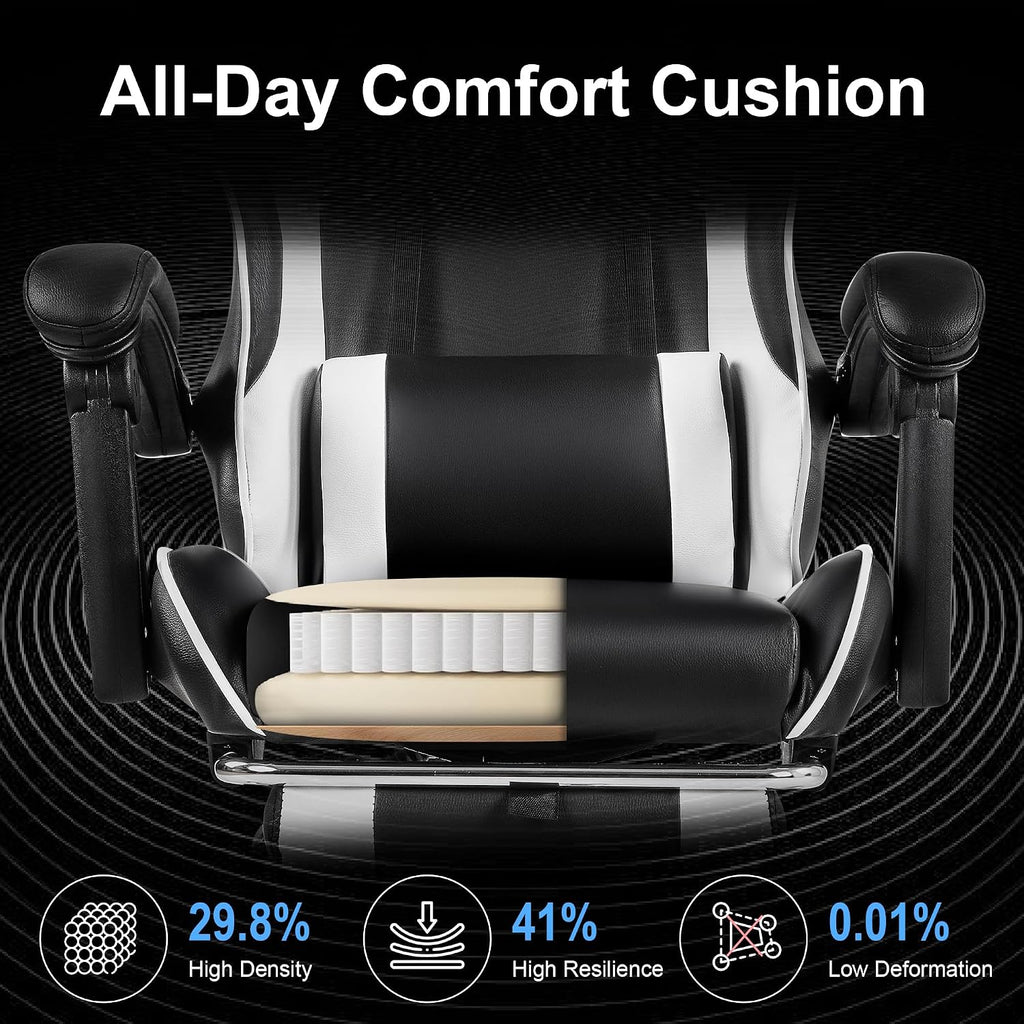 VECELO Ergonomic Gaming Chair with Footrest, Comfy Recliner Computer Chair, Swivel Seat, Height Adjustable, High Back PU Leather, Lumbar Support, Headrest for Adults, Black