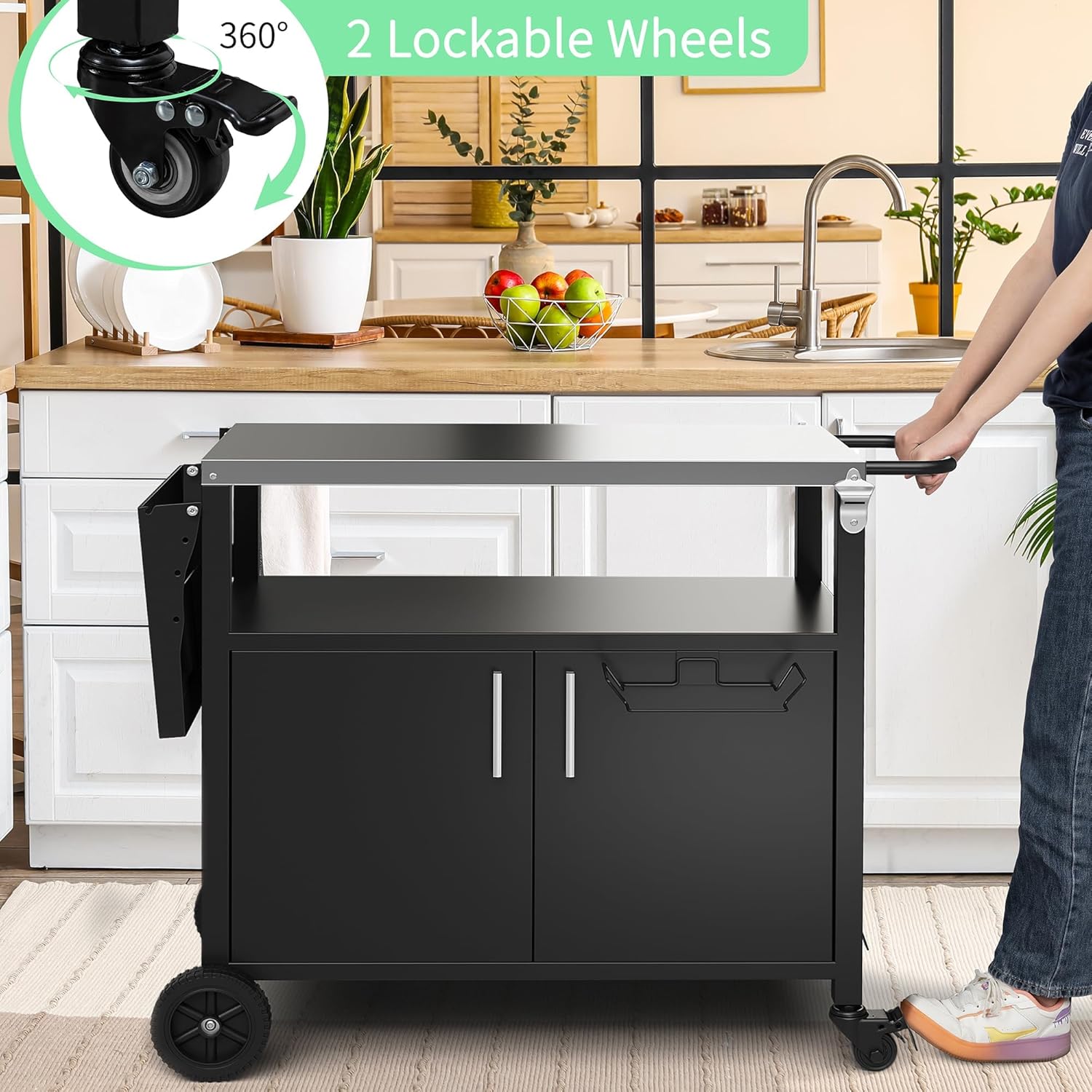 Shintenchi Outdoor Grill Cart Table with Stainless Steel Top for Kitchen Prep and BBQ, Outdoor Kitchen Island Table with Side Handle, Multifunctional Outdoor Grill Table, Black