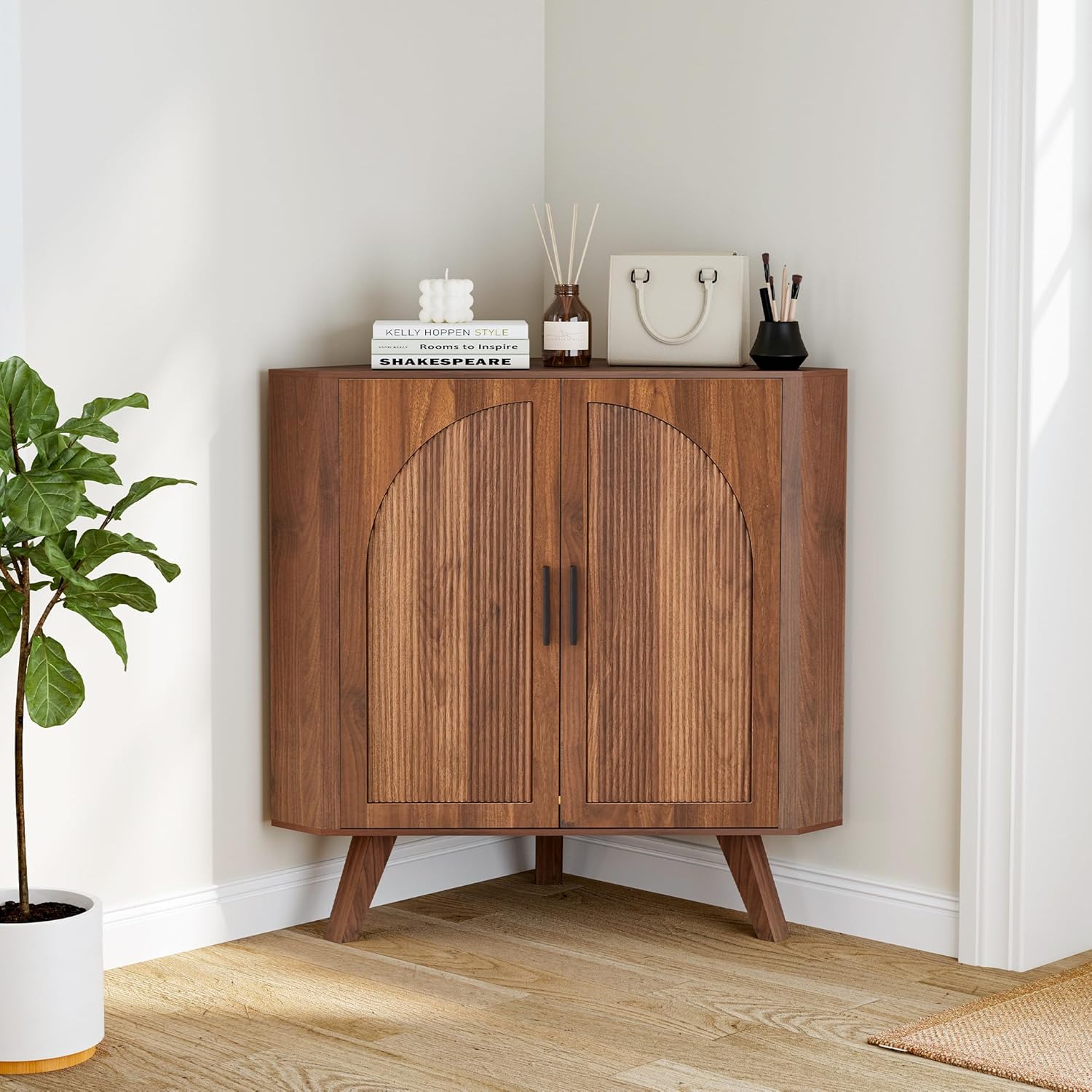 BERRYMERRY Fluted Corner Cabinet with Storage,Space Saving Corner Floor Cabinet with Adjustable Shelve & Arched Profile Door for Living Room Kitchen Bathroom (Brown, 15.7”D x 31.5”W x 30.7”H)