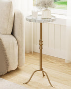 Brass Distressed Iron Round Pedestal End Table, 25 Inch Vintage Martini Cocktail Accent Table with Tray Top for Living Room, Bedroom (White Marble)