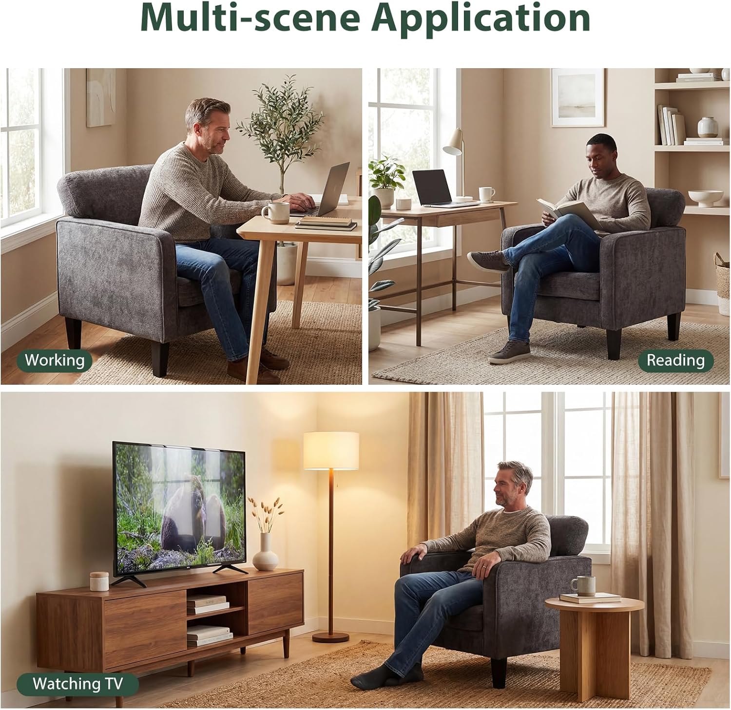 Modern Accent Chairs for Living Room, Corner Chairs for Adults, Reading Chair with Armrest and Backrest, Comfy Lounge Chairs for Bedroom Reception Waiting Room, Dark Grey 1 Pack
