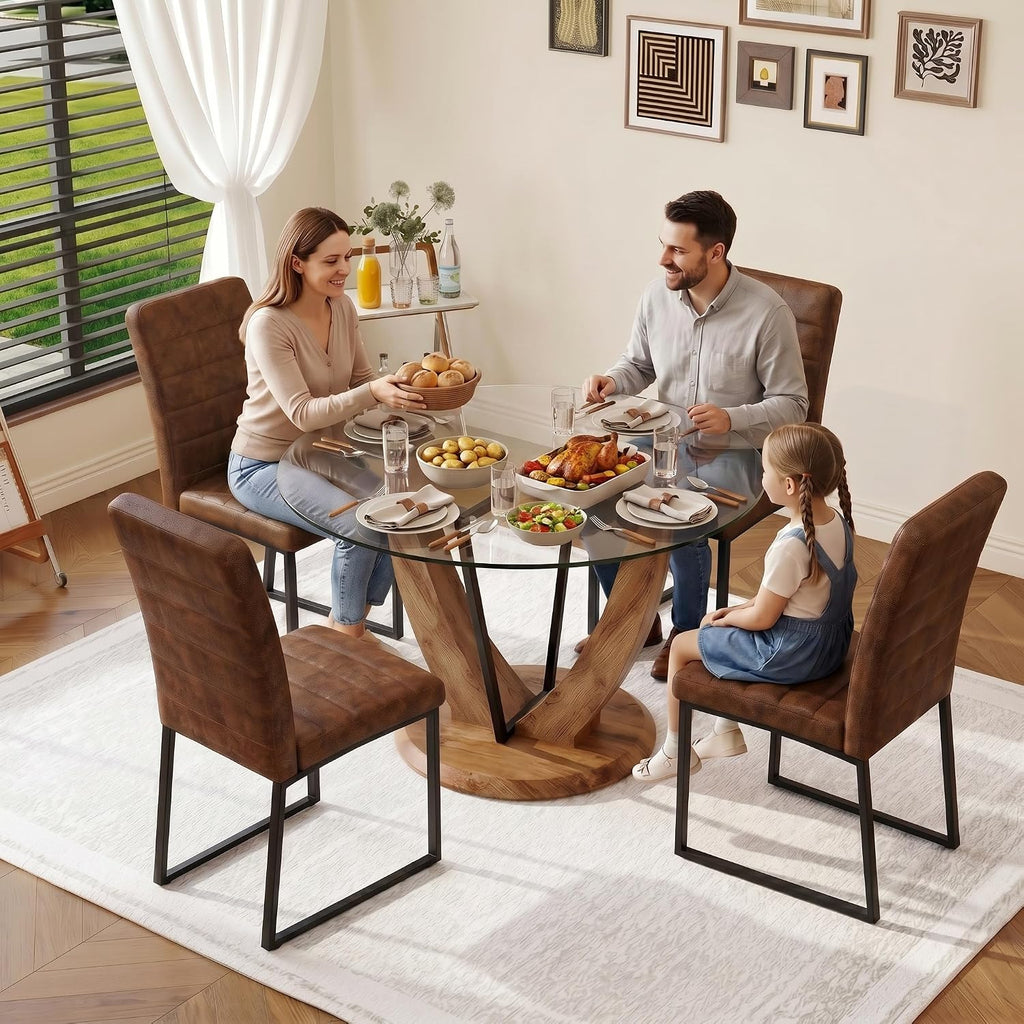 5-Piece Round Glass Dining Table Set for 4, 48” Modern Dining Room Table with Wood Grain Base, Brown Suede Upholstered Chairs with Black Metal Legs for Kitchen, Apartment, Breakfast Nook