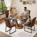 5-Piece Round Glass Dining Table Set for 4, 48” Modern Dining Room Table with Wood Grain Base, Brown Suede Upholstered Chairs with Black Metal Legs for Kitchen, Apartment, Breakfast Nook