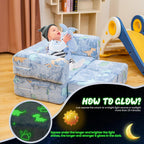 Toddler Couch Cover, Glow in The Dark Toddler Fold Out Couch Cover, Baby Modular Couch Cover, Convertible Baby Fold Out Play Foam and Floor Cushion Cover for Nursery Playroom, Blue+Dinosaur