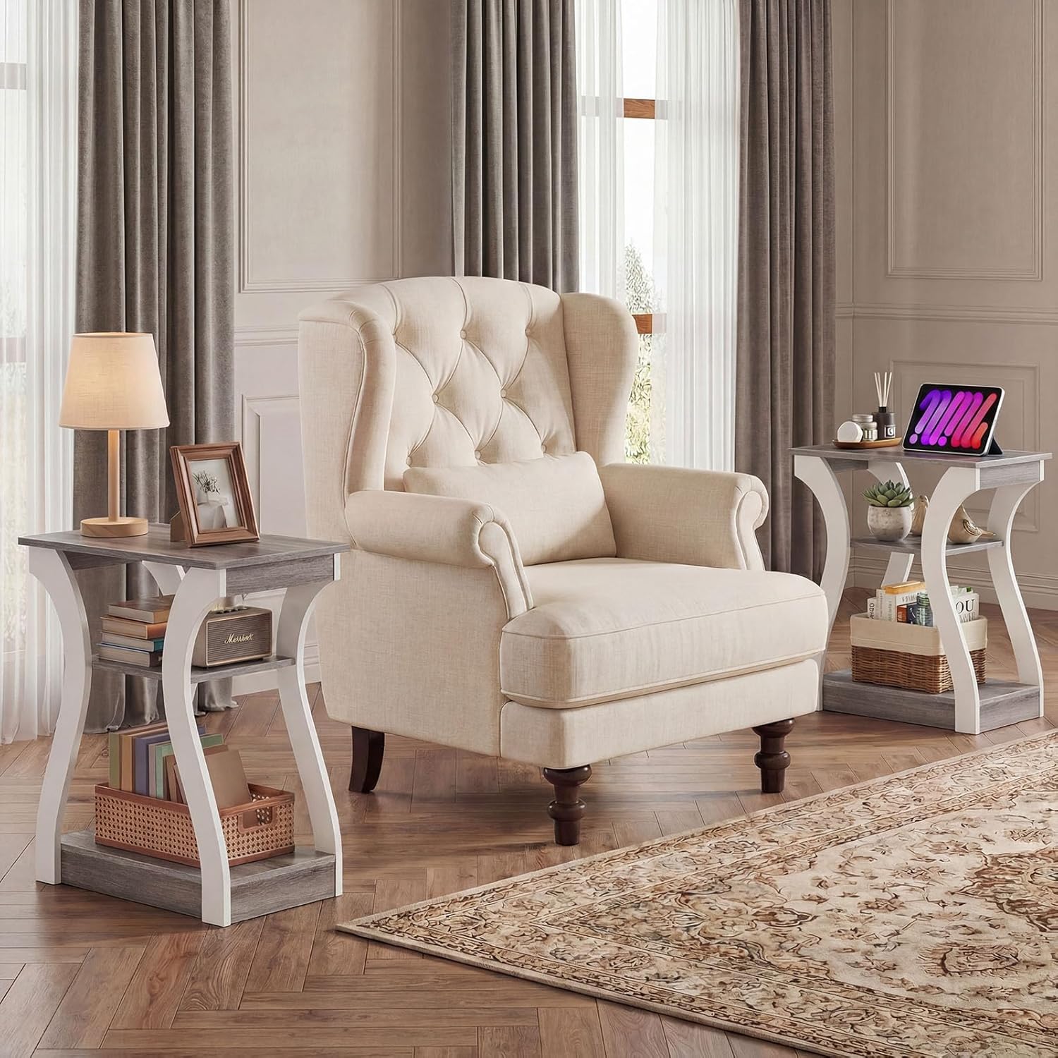 OLIXIS 3 Tier End Table with Charging Station, Modern Curved Nightstand Side Table with USB, Type-C Port & AC Outlets, Storage Shelf Cabinet for Living Room Bedroom Home Decor, Off-White