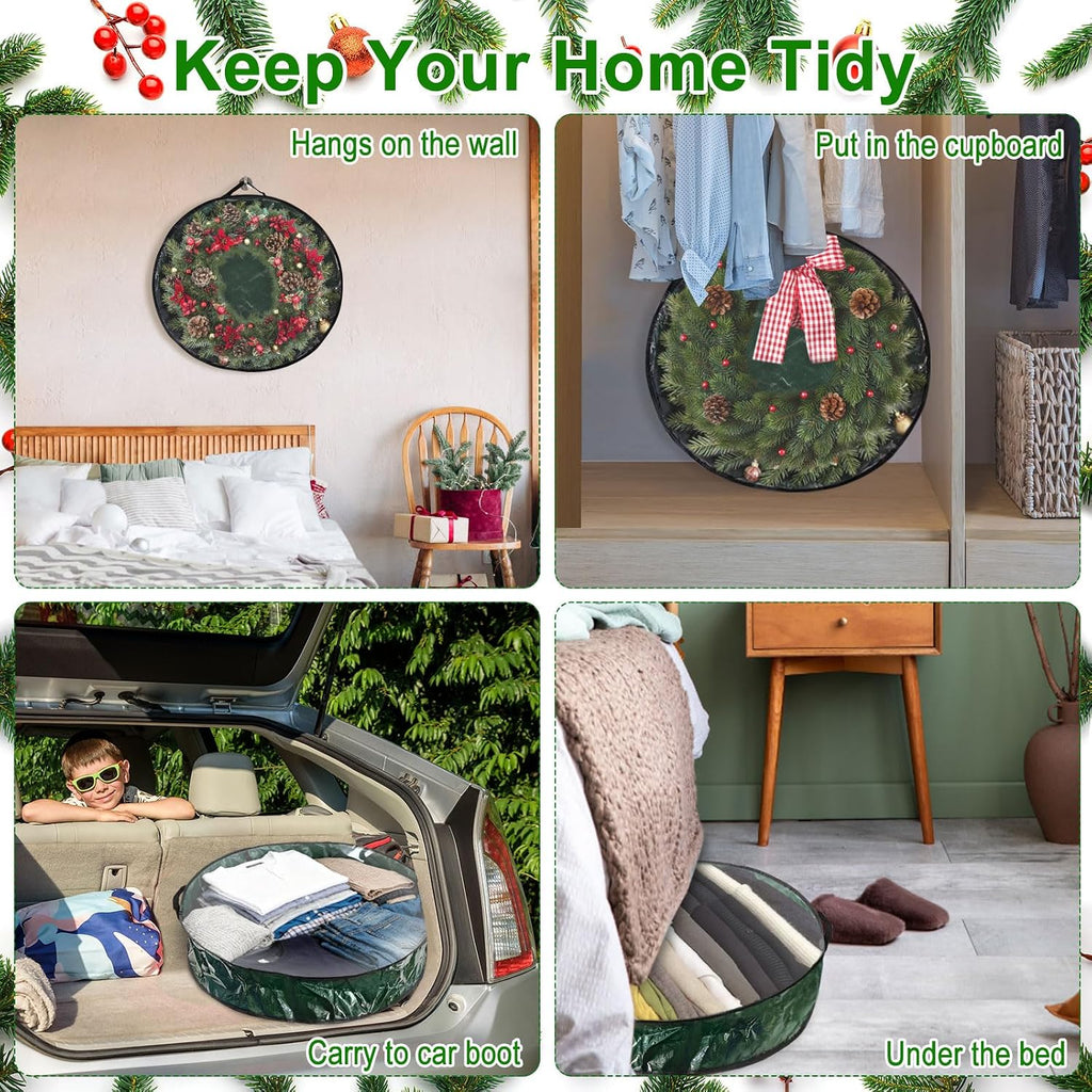 4 Pack 30x8Inch Christmas Wreath Storage Container, Large Clear Holiday Garland Storage Bags with Handle(Green)