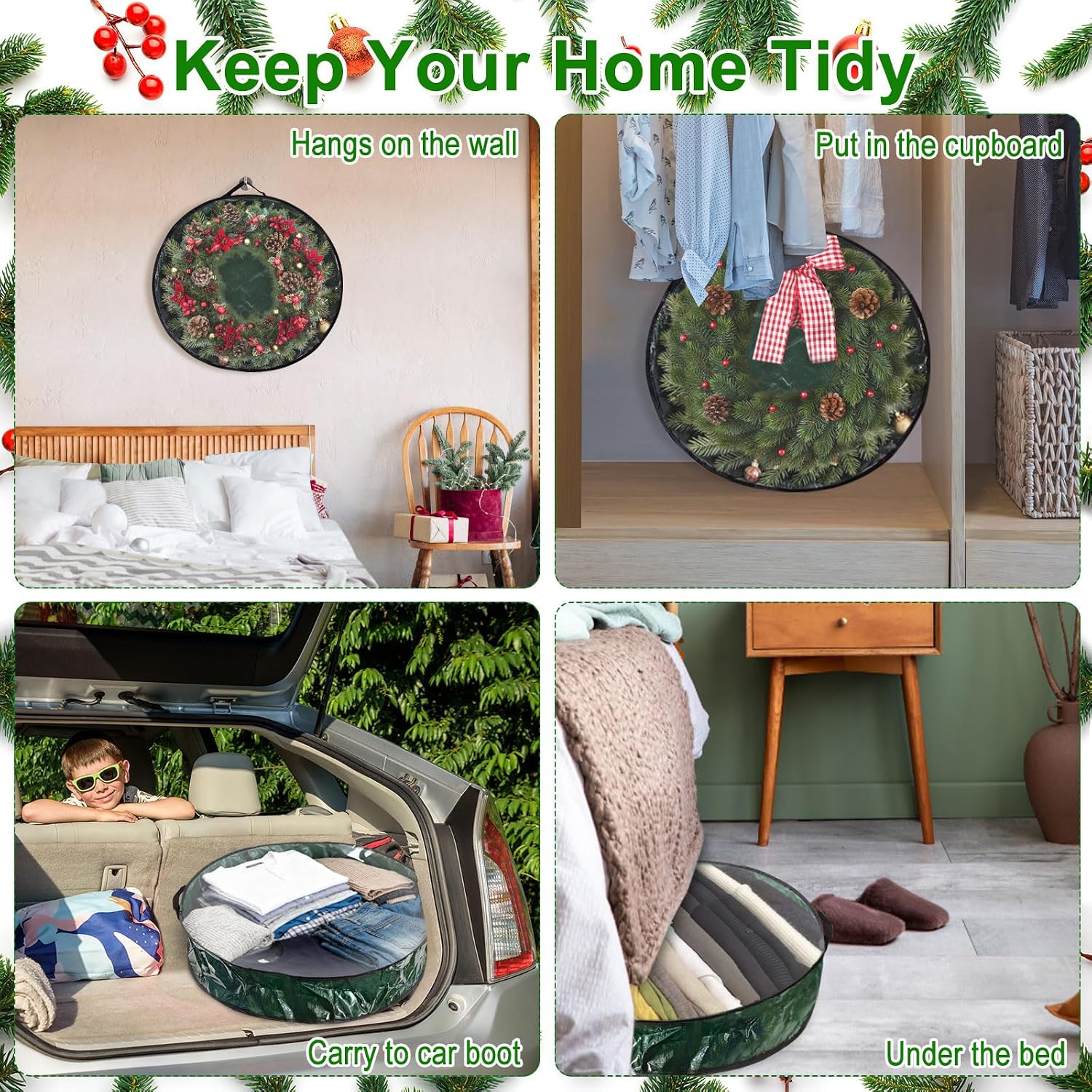 4 Pack 30x8Inch Christmas Wreath Storage Container, Large Clear Holiday Garland Storage Bags with Handle(Green)