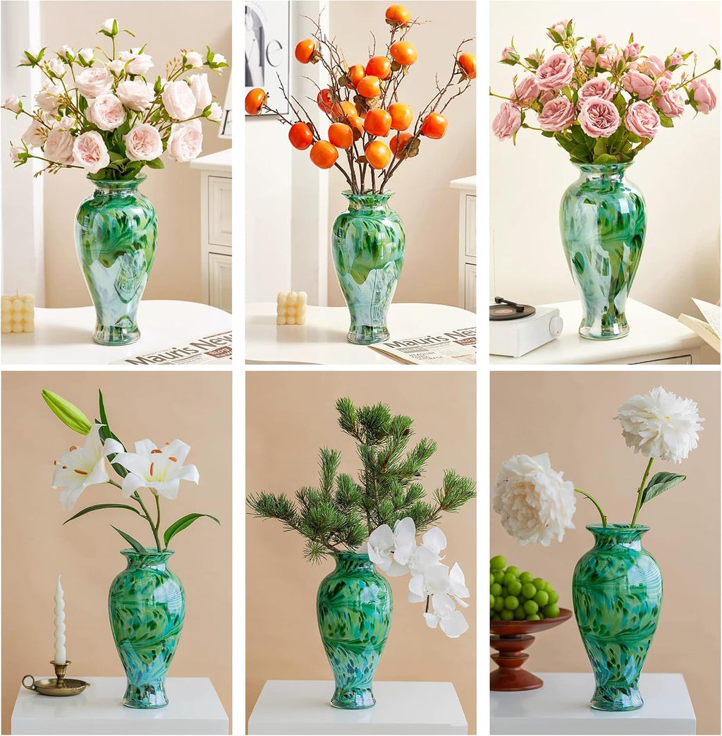Hand Blown Green Classic Vase for Home Decor, 11.5Inch Glass Flower Vase for Shelf Decor, Living Room Decor, Centerpieces, Unique Gift for Her Mom Sister Friends