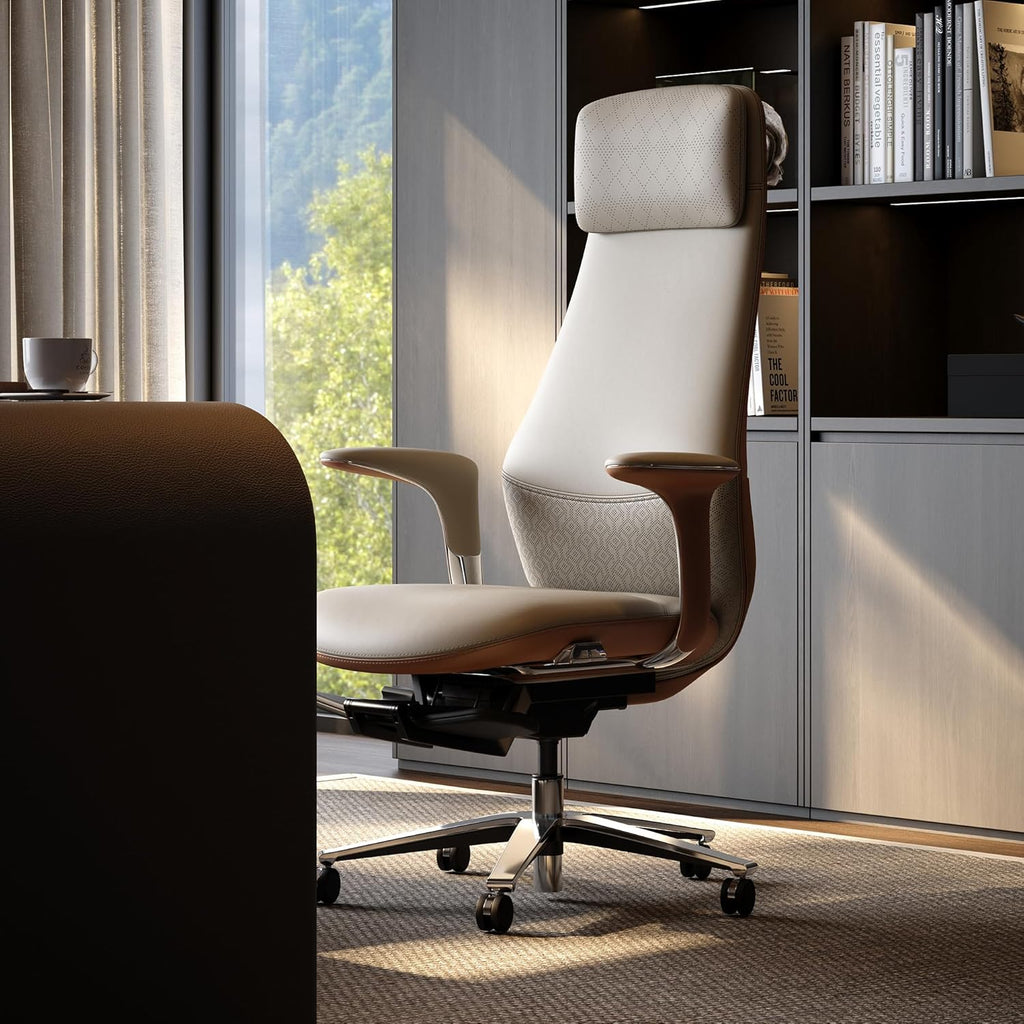 TOMU Executive Office Chair with Foot Rest, Top Grain Genuine Leather Office Chair, Ergonomic High Back Design. Real Leather, Wheels, Alumium Base. Padded Armrest, Luxury and Comfy (Beige)