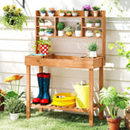 Giantex Potting Bench, Outside Solid Wood Potting Table with Flip-up Tabletop, Shelves, Indoor Outdoor Wooden Workbench for Patio Porch Balcony, Potted Plant Display Rack, 42"x18"x60", Brown