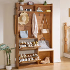 LEYAOYAO 78" Tall Boho Hall Tree with Bench & Shoe Storage, 4-in-1 Mudroom Coat Rack with 2 Flip Rattan Drawers & Cushioned Stool, Entryway Hall Tree Cabinet with 6 Hooks for Garage, Tea Brown