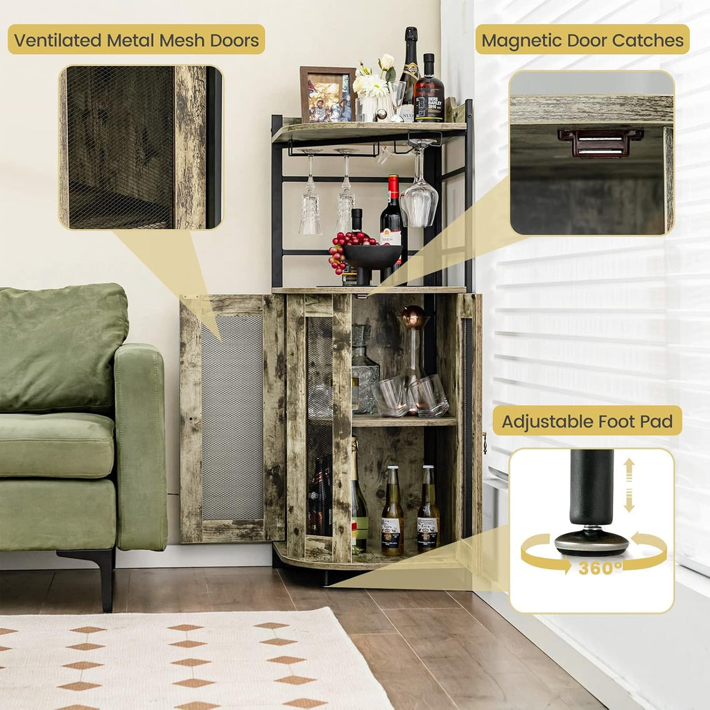 Giantex Corner Bar Cabinet with Glass Holder, Industrial Wine Cabinet with Metal Mesh Doors & Adjustable Shelf, Buffet Cabinet with Anti-tip Kit for Home Kitchen Dining Room Bistro