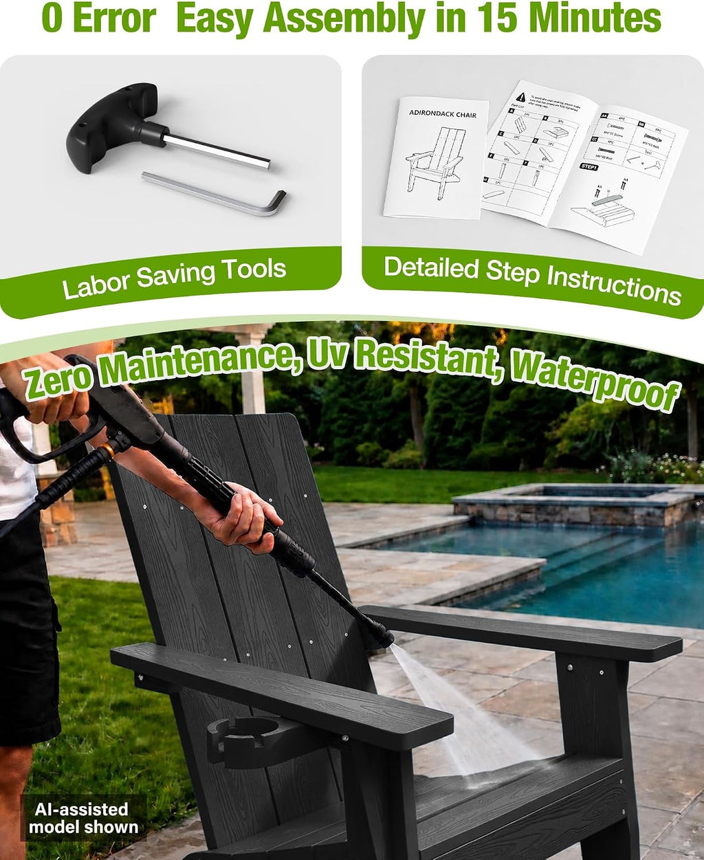MXIMU Adirondack Chairs Set of 4 Outdoor: 450lb Capacity&33in Tall Backrest Oversized Modern Adirondack Chairs - Comfortable All-Weather Fire Pit Chair - Easy Assembly True Wood Grain Lawn Chair