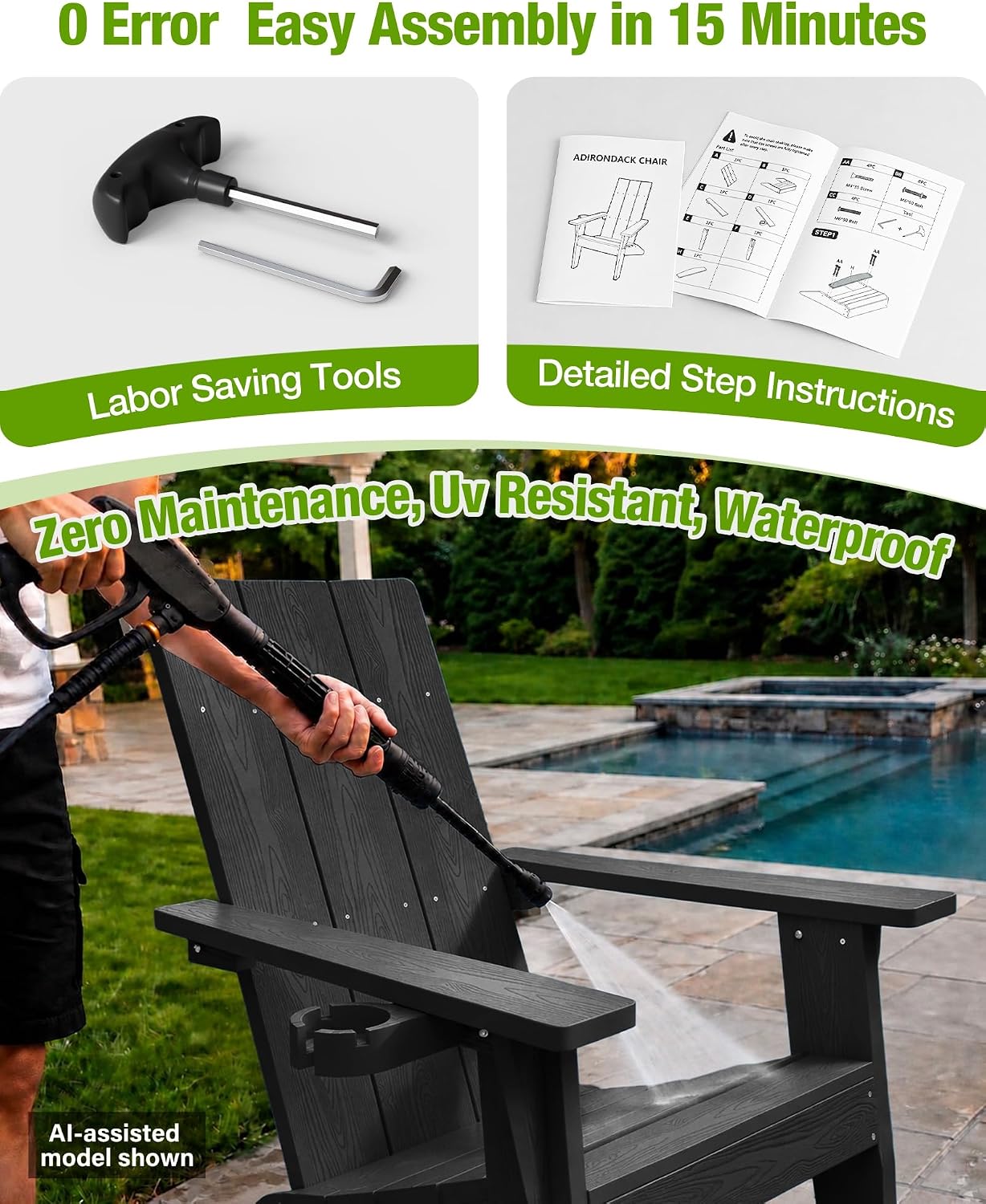 MXIMU Adirondack Chairs Set of 4 Outdoor: 450lb Capacity&33in Tall Backrest Oversized Modern Adirondack Chairs - Comfortable All-Weather Fire Pit Chair - Easy Assembly True Wood Grain Lawn Chair