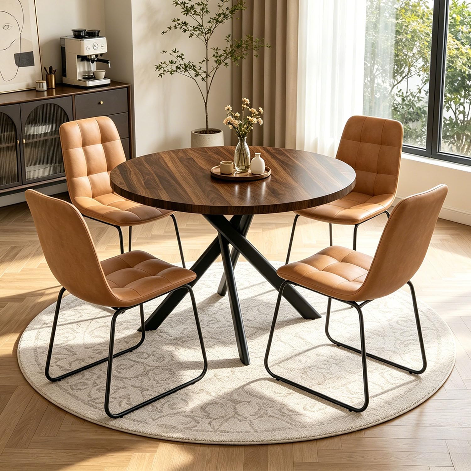 44" Round Dining Table with Cozy Chair Set for 4, Modern Mid-Century Dining Table Set of 4, Dinette Sets with Metal Leg for Kitchen Dining Room Apartment(Walnut Table + Brown Chairs)