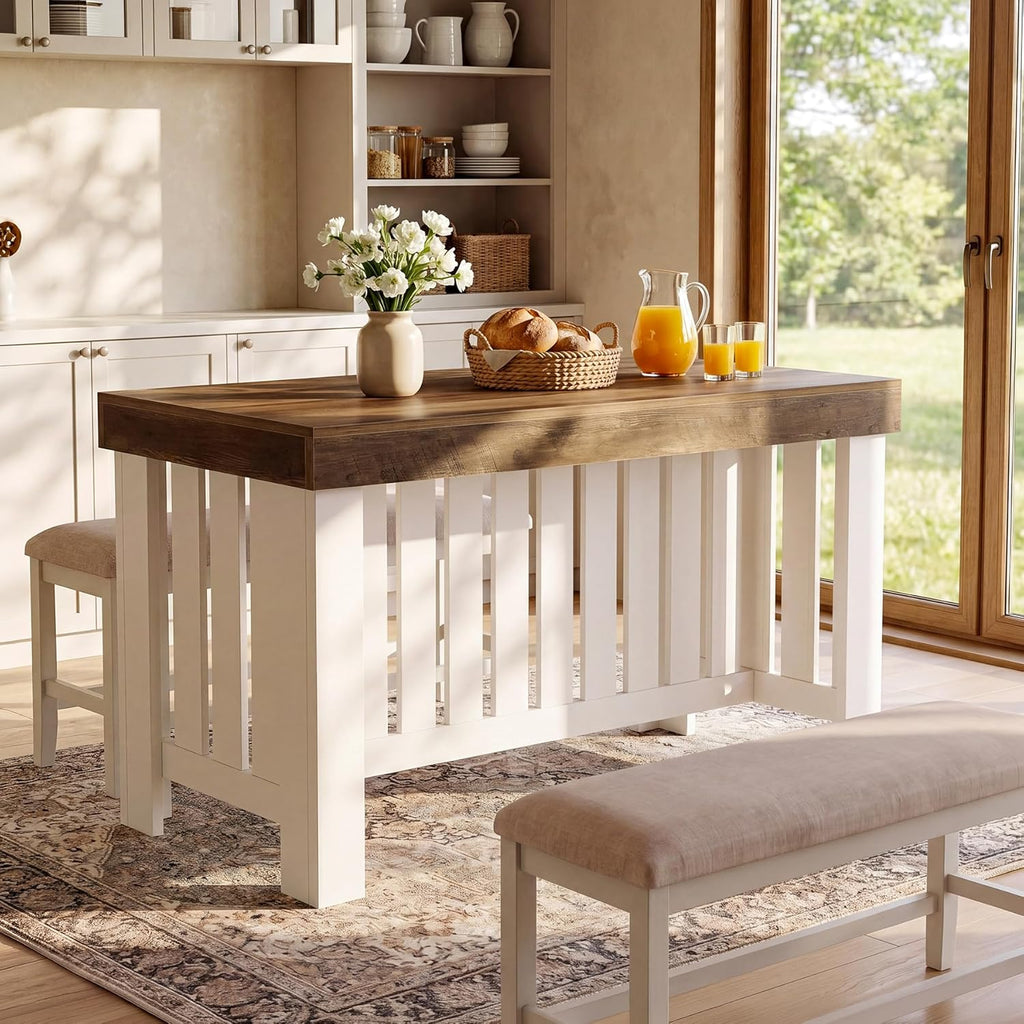 Tribesigns 55" Kitchen Island, Farmhouse Large Stationary Wood Table with Sturdy Base, Freestanding with Large Worktop & Leg Room for Kitchen, Dining Room (White and Brown)
