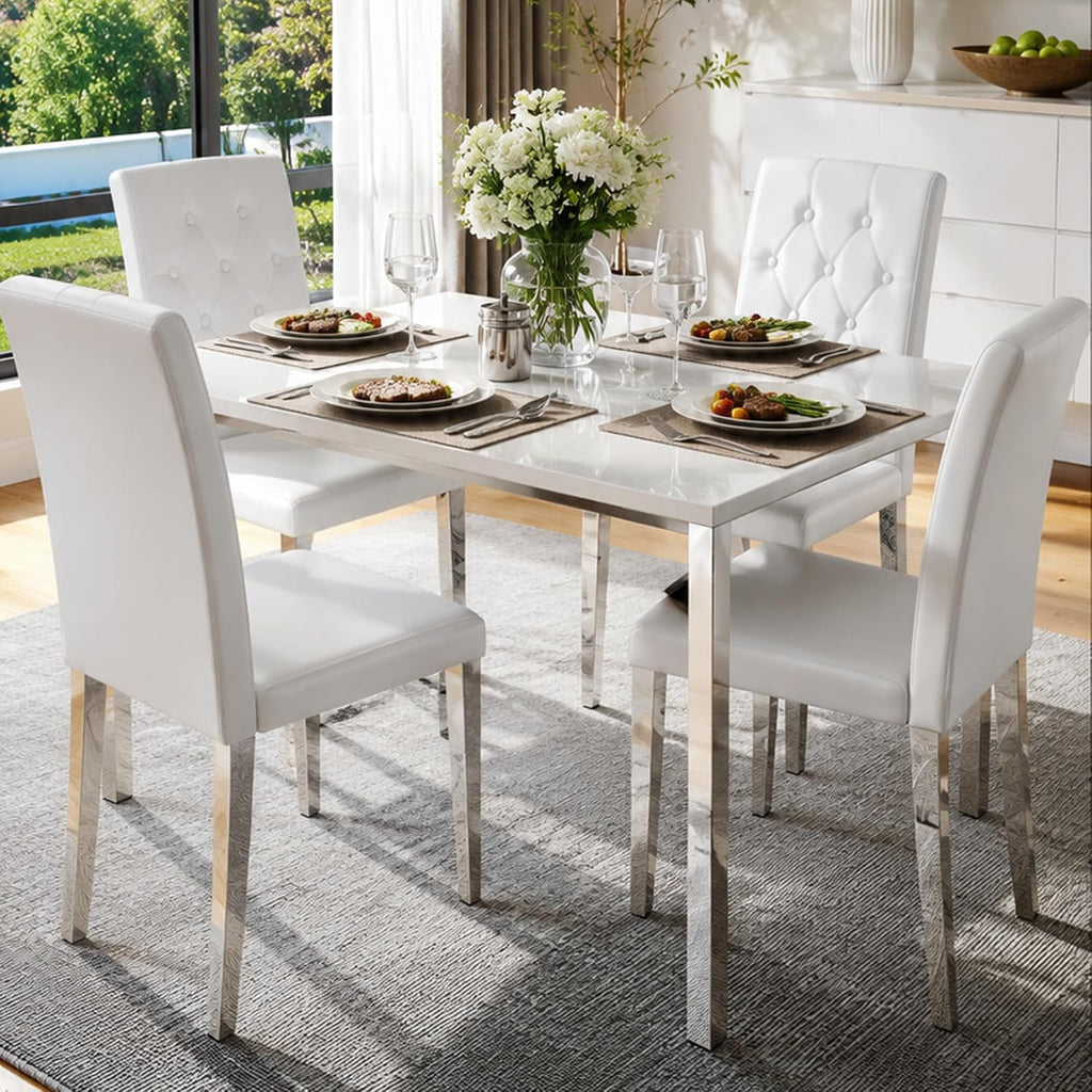 White Dining Chairs Set of 4,Faux Leather with Silver Metal Legs,Tufted Buttom Decor on Back,Armless Kitchen Room Chairs Set of 4,High Back Modern Design for Home Kitchen Living Room Bedroom
