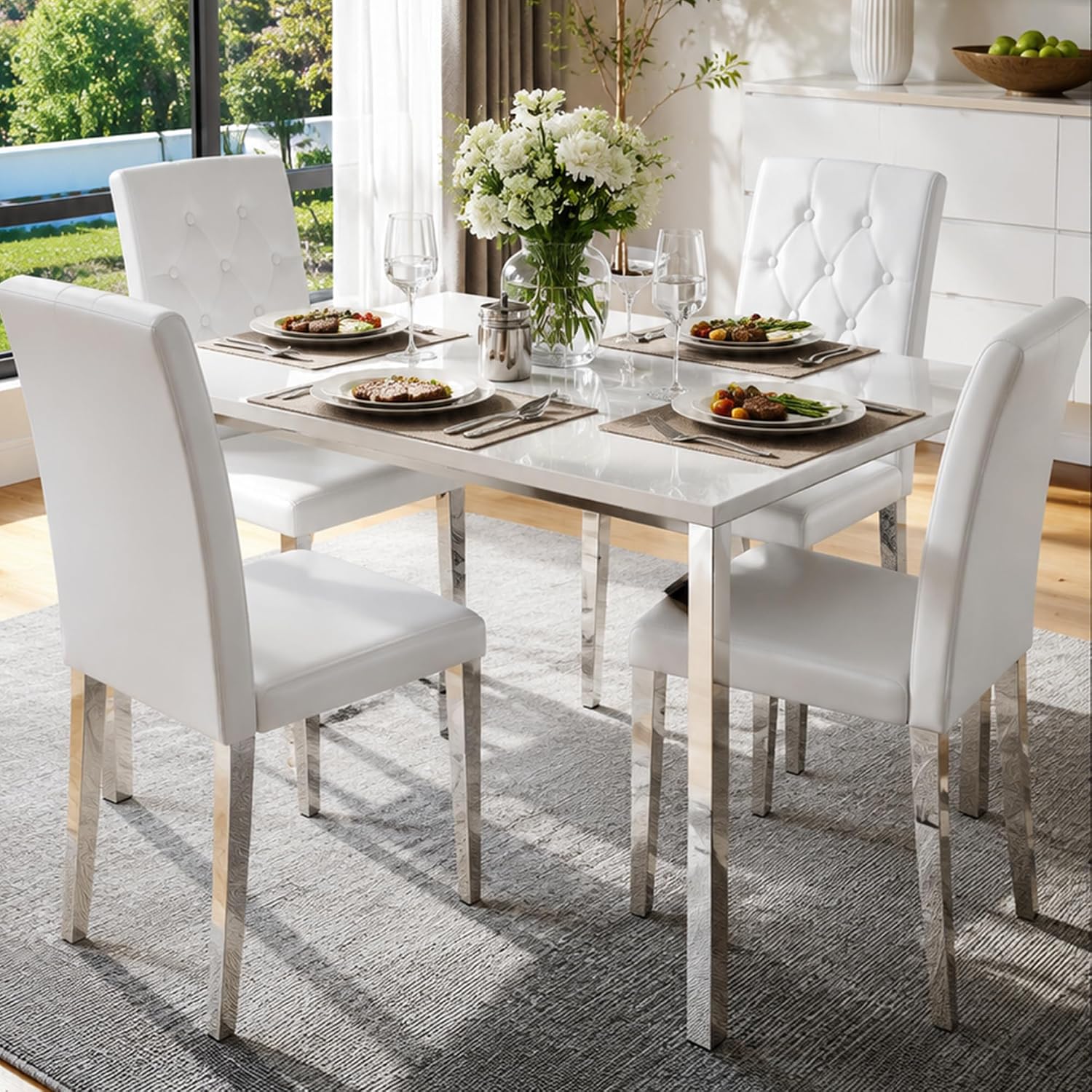 White Dining Chairs Set of 4,Faux Leather with Silver Metal Legs,Tufted Buttom Decor on Back,Armless Kitchen Room Chairs Set of 4,High Back Modern Design for Home Kitchen Living Room Bedroom