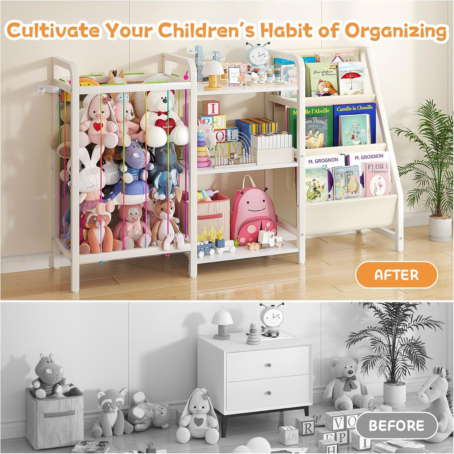 B1 Kids Bookshelf and Toy Storage, 3-Tier Book Shelf for Kids Rooms, Sling Baby Bookcase with Stuffed Animal Storage, Montessori Toddler Bookshelf for Nursery, Bedroom, Playroom, White