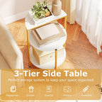 GOFLAME Gold End Table, Round Sofa Side Table with Storage Shelves 3-Tier, Metal Frame, Modern Bedside Tables, Narrow Compact Nightstand for Small Spaces, Living Room, Bedroom, White & Gold (2)
