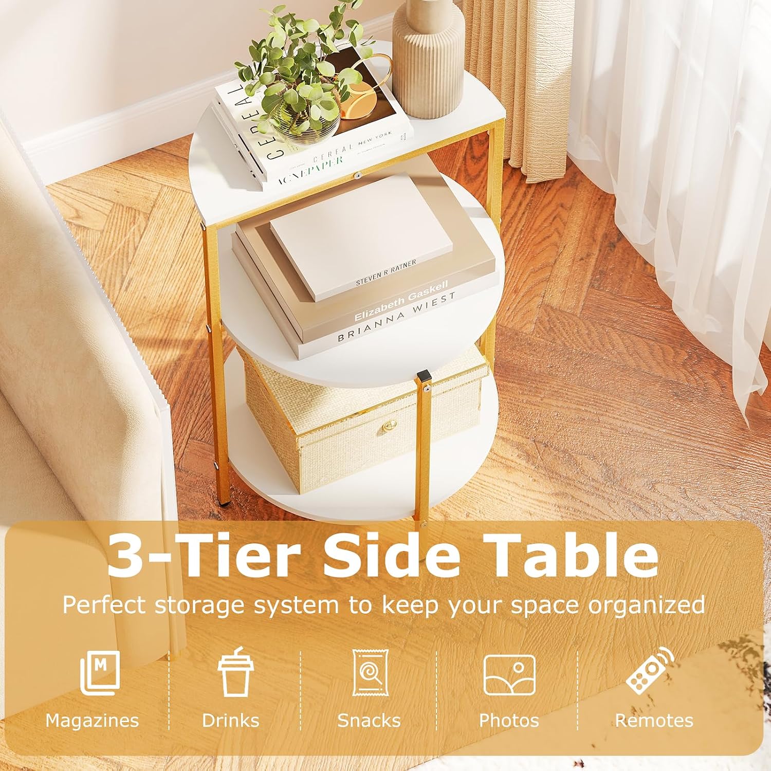 GOFLAME Gold End Table, Round Sofa Side Table with Storage Shelves 3-Tier, Metal Frame, Modern Bedside Tables, Narrow Compact Nightstand for Small Spaces, Living Room, Bedroom, White & Gold (2)