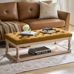 HULALA HOME Rectangle Ottoman Coffee Table with Tray, Tufted Living Room Ottoman with Solid Wood Storage Shelf, Golden