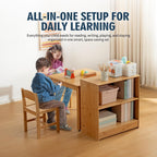 UNICOO Kids Table and 2 Chairs Set with Bookshelf, Bamboo Toddler Desk and Chair Set, Wooden Kids Activity Table and Study Desk for Reading, Writing, Drawing, Playroom, Classroom, Natural