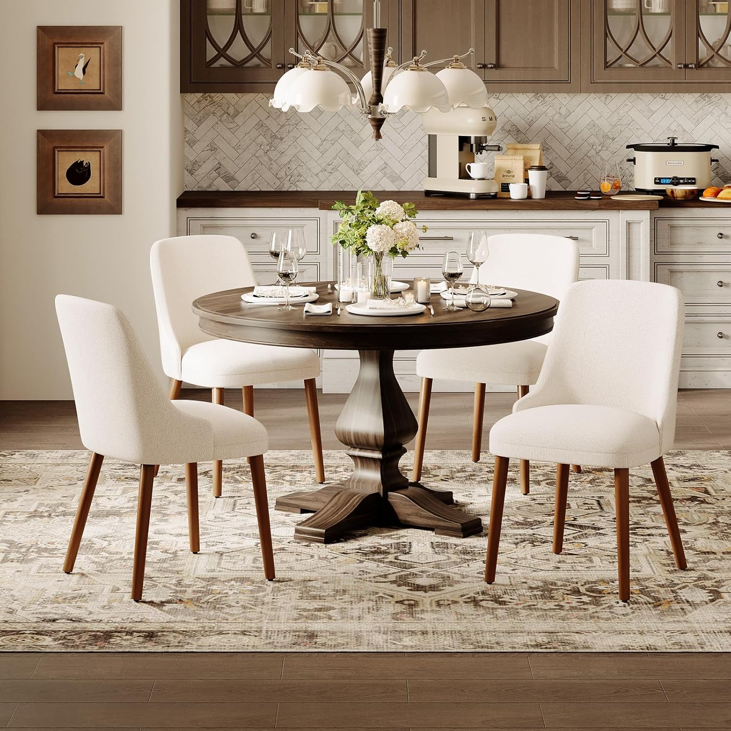 MALOL Upholstered Dining Chairs Set of 4, High-Back Dining Room Chair with Wood Legs, Padded Kitchen Chairs for Dining Room/Restaurant/Cafe, Beige