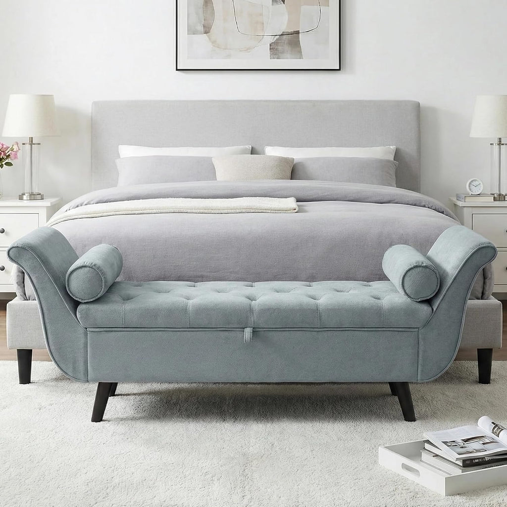 65" Velvet Storage Bench, 65" Vintage Upholstered Rolled Armed Button Tufted Stool Bench for Bedroom, Living Room, Entryway, Hallway, Dressing Room (Light Grey)