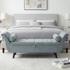 65" Velvet Storage Bench, 65" Vintage Upholstered Rolled Armed Button Tufted Stool Bench for Bedroom, Living Room, Entryway, Hallway, Dressing Room (Light Grey)
