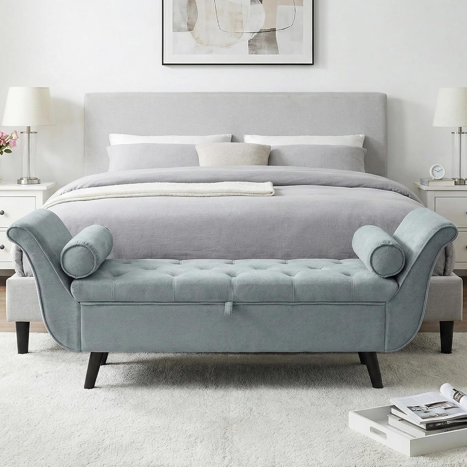 65" Velvet Storage Bench, 65" Vintage Upholstered Rolled Armed Button Tufted Stool Bench for Bedroom, Living Room, Entryway, Hallway, Dressing Room (Light Grey)