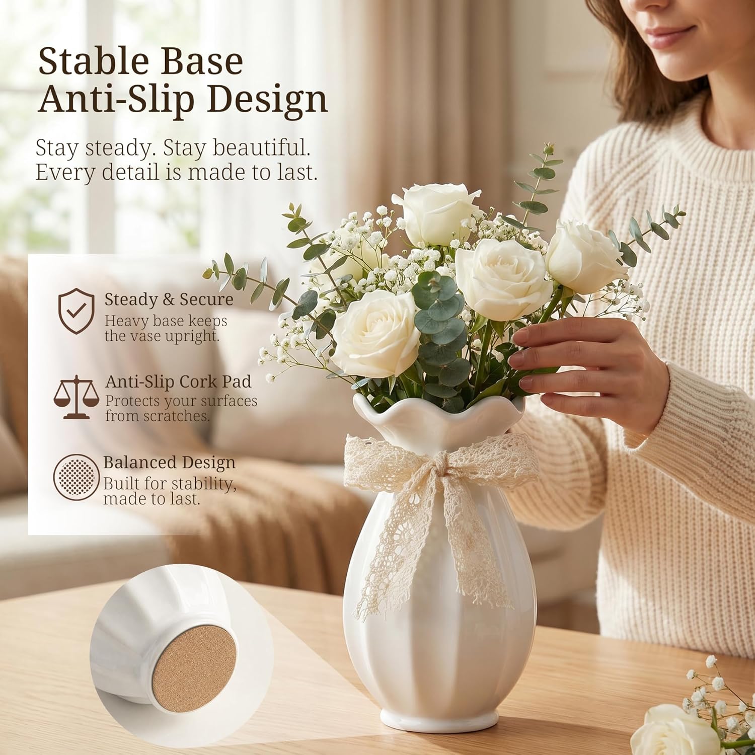 Ceramic Flower Vase with Bow Decor for Home Table Centerpieces White 7.5in | Farmhouse vase perfectly accents dining tables, living rooms, kitchens, bedrooms, bookshelves, coffee tables, and mantels.