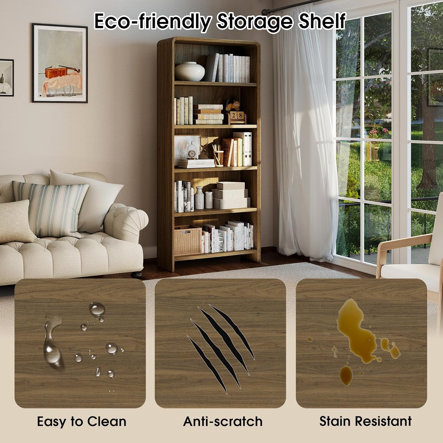 Bevfint 71" Bookcase Tall 5 Shelves Wood Bookshelf with Curved Soft Edges, Heavy Duty Modern Storage Cabinet for Professional Home Office and Living Room, Walnut Grain Finish