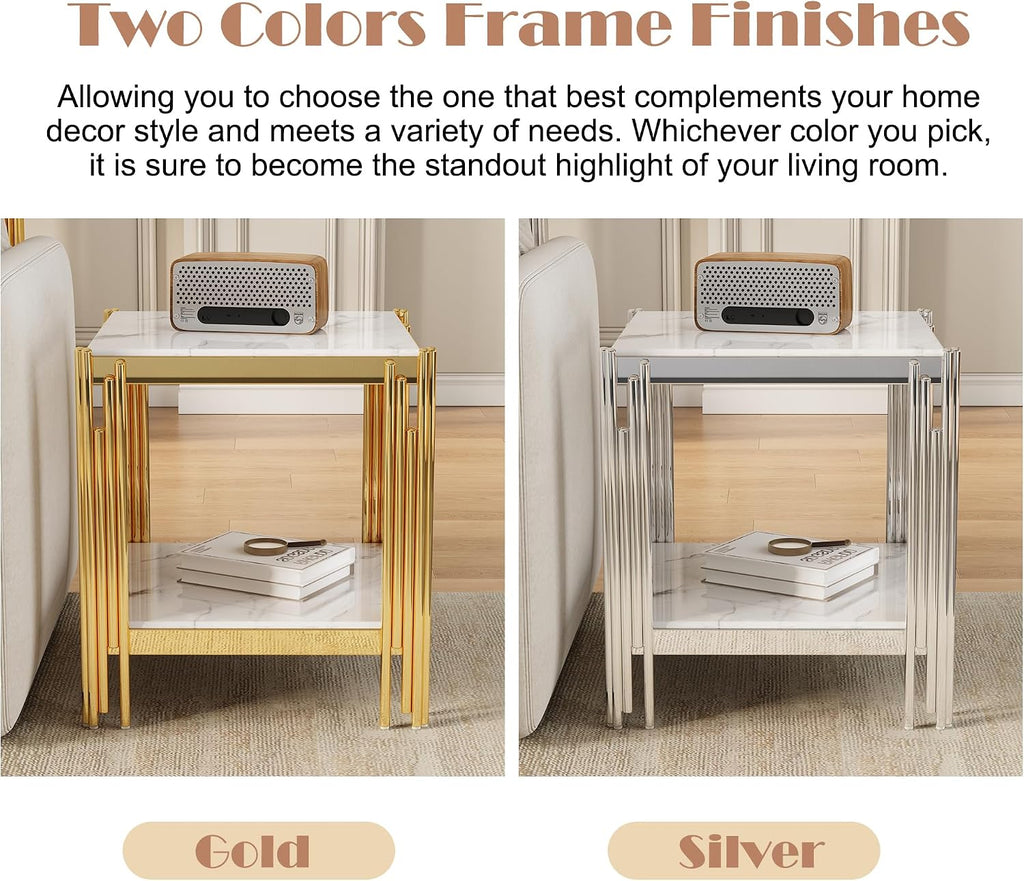 19" White Marble Side Table, 2-Tier Square Modern End Table with Silver Stainless Steel Metal Leg, Luxury Small Sofa Table for Living Room, Home Office