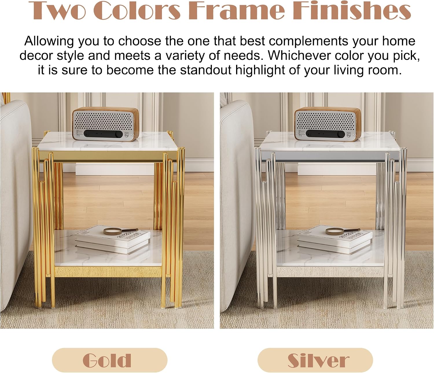 19" White Marble Side Table, 2-Tier Square Modern End Table with Silver Stainless Steel Metal Leg, Luxury Small Sofa Table for Living Room, Home Office