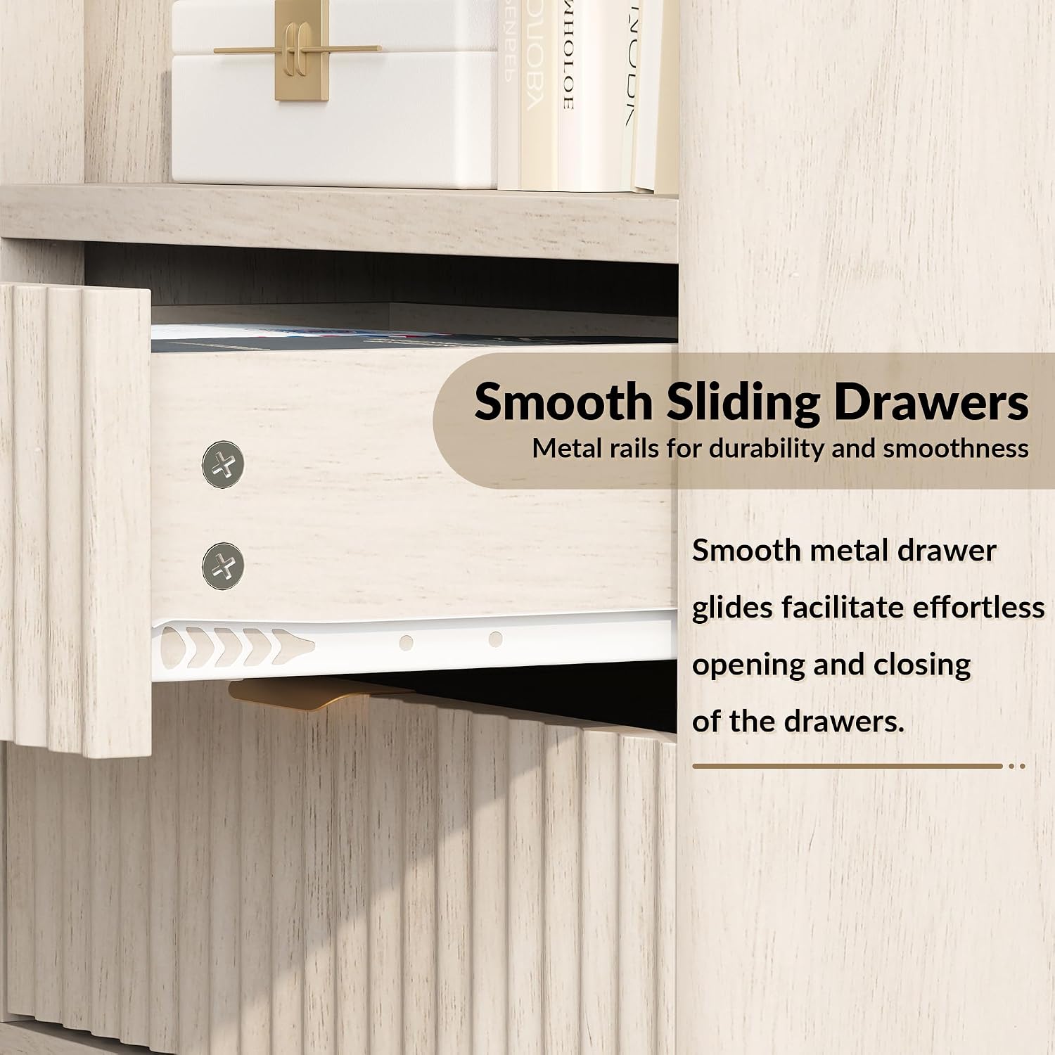 ROCSUMOO Fluted Nightstands Set of 2, Large Nightstand with Drawers and Storage Shelf - Wooden Nightstands Modern Design Night Stands for Bedroom Sofa Office (2 Pieces, Beige)