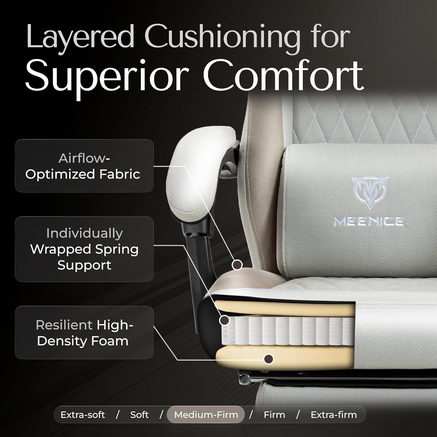 Gaming Chair Fabric with Pocket Spring Custion, Ergonomic High Back Video Game Chair with Footrest Massage Lumbar Support, Height Adjustable Comfy Computer Chair for Adults Game Beige White