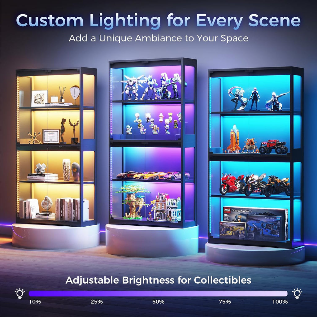 AODK Glass Display Cabinet with Glass Doors, RGB Light Display Case, 4-Tier Storage Cabinet Display Shelf for Showcase, Black Curio Cabinet for Collectibles