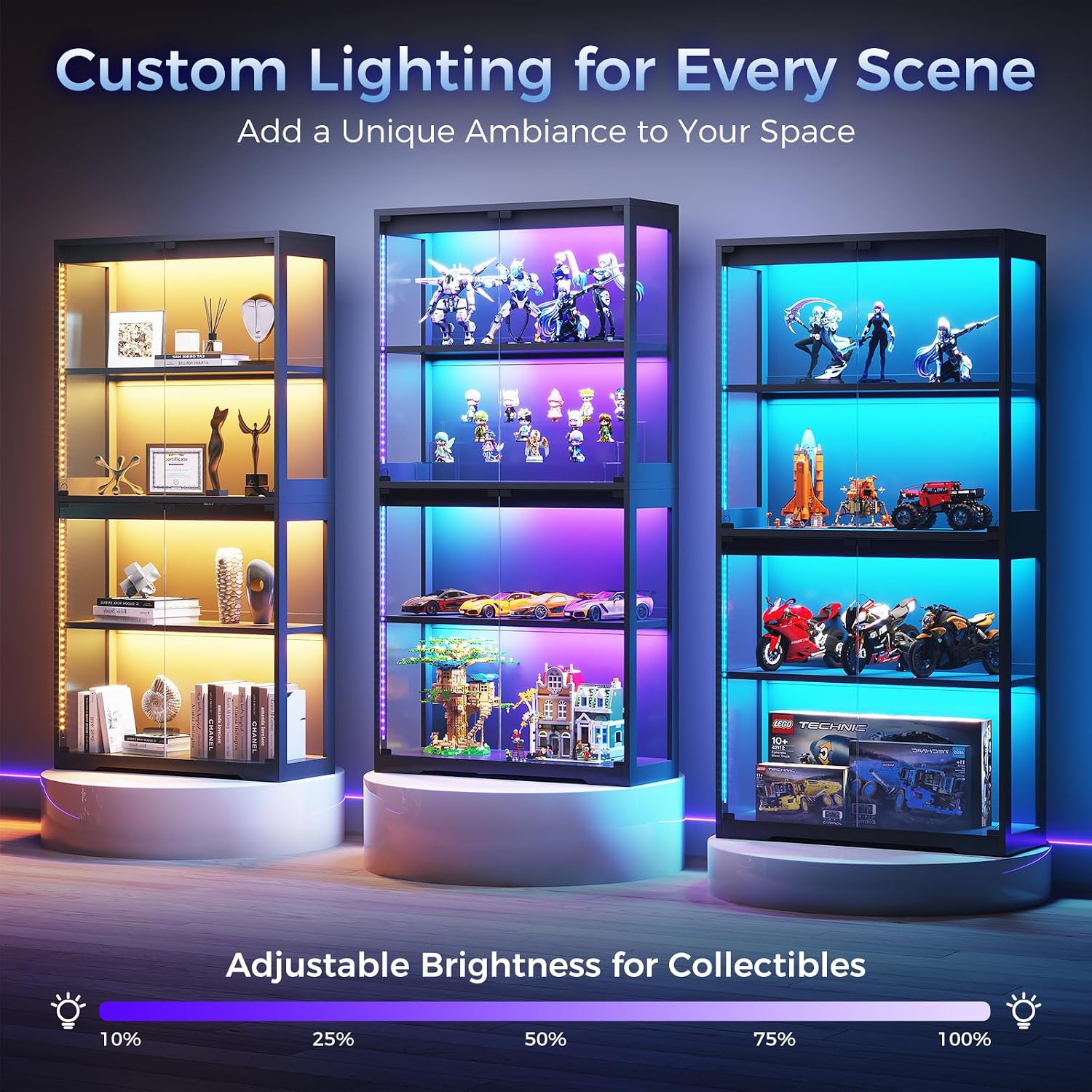 AODK Glass Display Cabinet with Glass Doors, RGB Light Display Case, 4-Tier Storage Cabinet Display Shelf for Showcase, Black Curio Cabinet for Collectibles