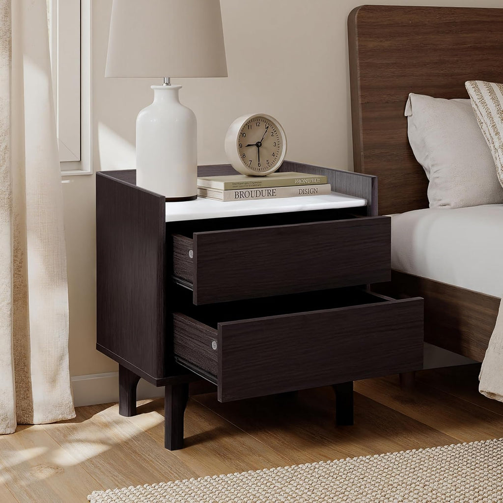 LuxenHome Modern 2 Drawers Nightstand with Faux Marble Top, 23'' Wood Accent Side Tables with Storage, Tray-Edge Design Bedside Table for Bedroom Living Room Sofa Office, End Table for Small Spaces