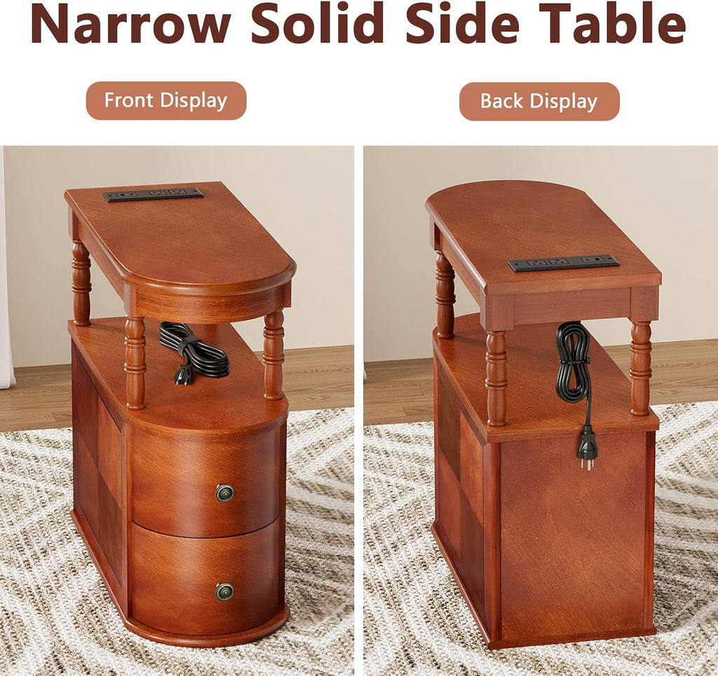 ROOMTEC Solid Wood End Table with Charging Station,Narrow Side Table with 2 Drawers and Shelf, Slim Chair Side Table,Narrow Sofa Side Table for Living Room Bedroom
