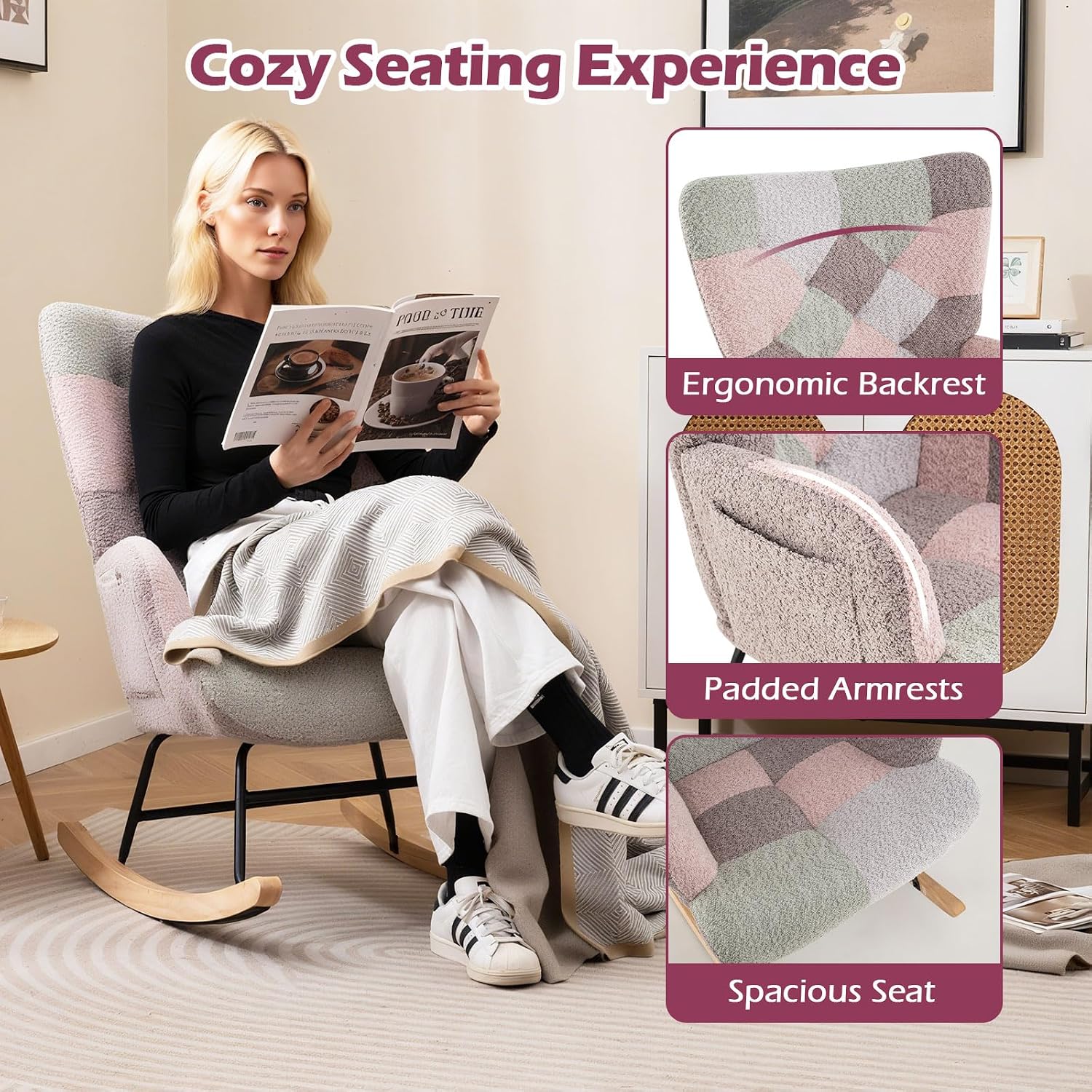 Moccha Nursery Rocking Chair, Teddy Upholstered Glider Rocker with High Backrest, Rubber Wood Legs & Side Pocket, Comfy Armchair Side Chair for Living Room Bedroom (1, Spliced Pink)