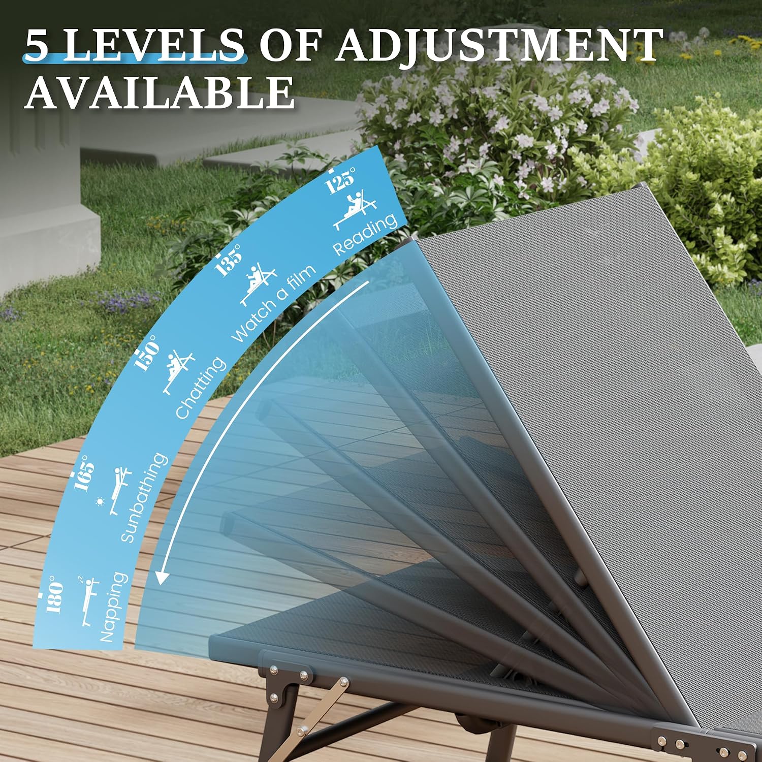 UDPATIO Foldable Patio Lounge Chair Sets with Side Table, No Assembly Outdoor Chaise Lounge with 5-Positions, Poolside Lounge Chairs with Portable Design for Pool, Beach, Deck, Backyard-Gray