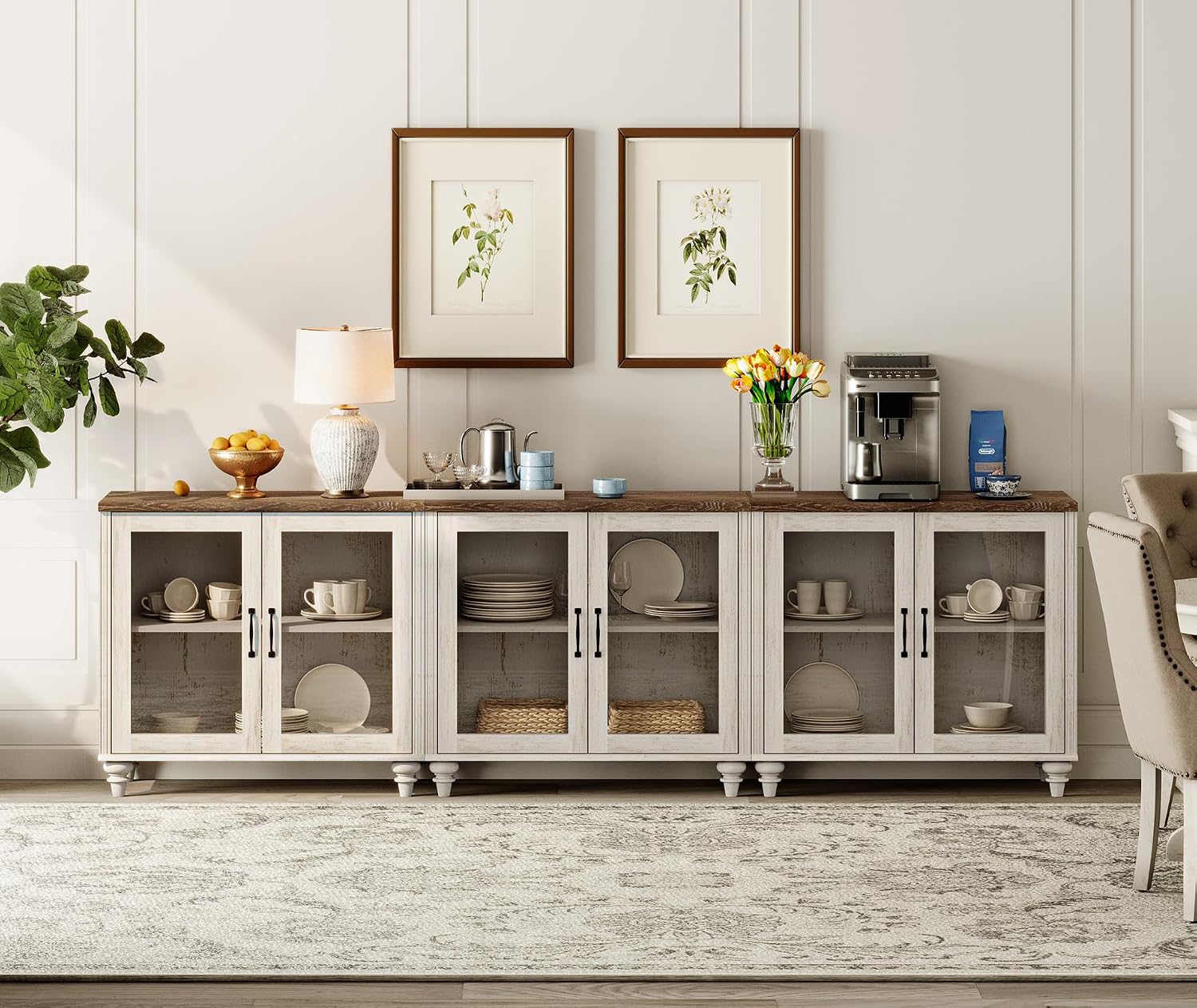 WAMAPT 101" Farmhouse Sideboard Credenza with 6 Glass Doors, Large Coffee Bar Table with Adjustable Shelf, Wood Kitchen Storage Cabinets, Modern Buffet Cabinet for Dining Room, Rustic White