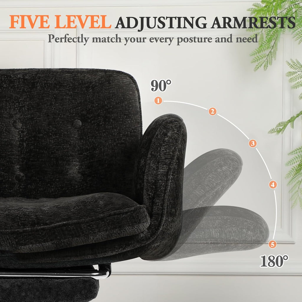 Criss Cross Chair with Footrest & 5 Level Folding Arms Full Relaxation, Wide Cross Legged Office Chair for Home Office, Comfy Swivel Desk Chair with Ottoman, Chenille Vanity Chair (Black)
