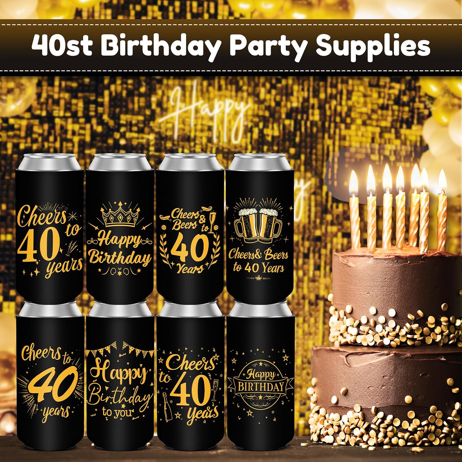40th Birthday Party Decorations Slim Can Cooler Sleeves, Neoprene Can Sleeves for 12 oz Cans & Bottles, 12 Pack Black and Gold 40th Birthday Gift for Men & Women, 4 Design