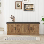 HOMSHO 2-Tier Storage Bench, 47.2" Wide Shoe Bench with Padded Seat Cushion, Entryway Bench with 4 Barn Doors and Adjustable Shelf, Rustic Walnut