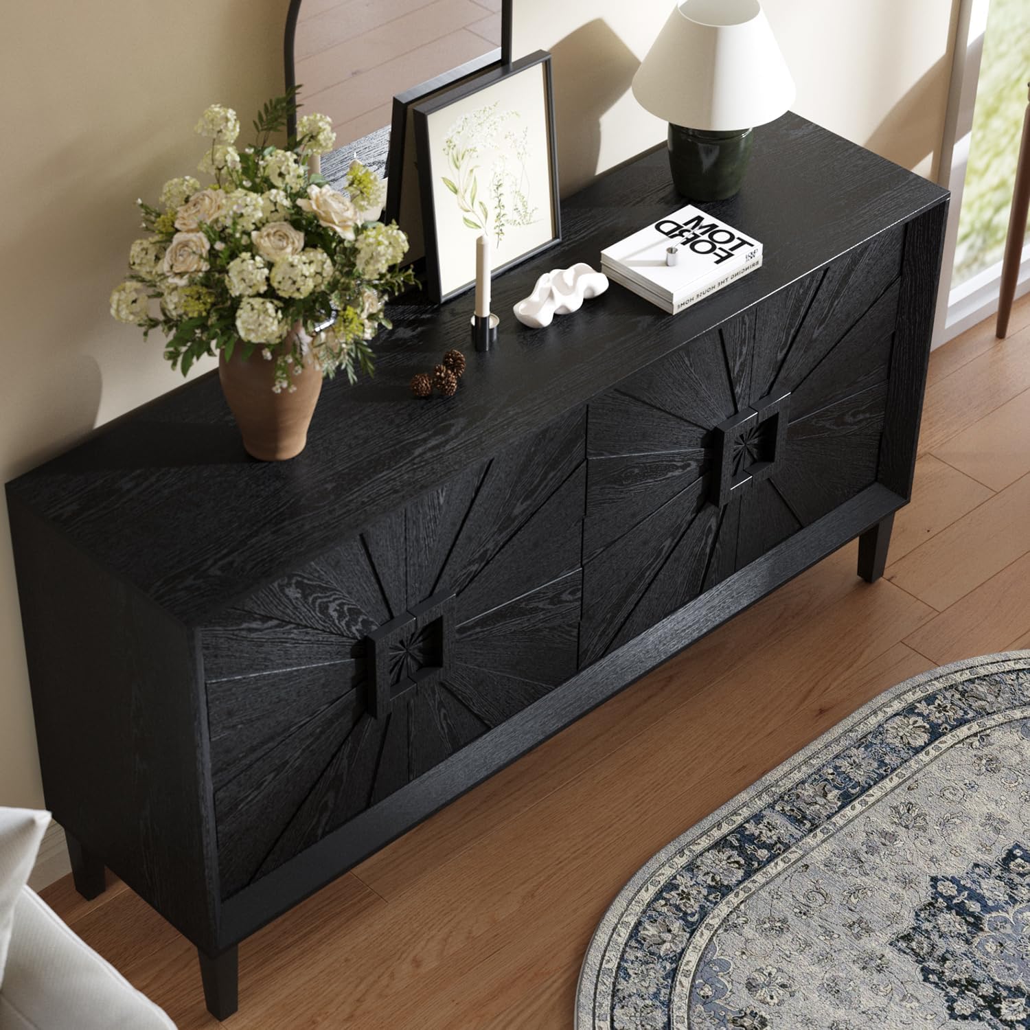 Large Buffet Sideboard Cabinet with Storage,60" Modern Cedenzas Buffet Table American Farmhouse Charm Cabinet with 4 Symmetrical Sunburst Doors for Living Room Hallway, Antique Black