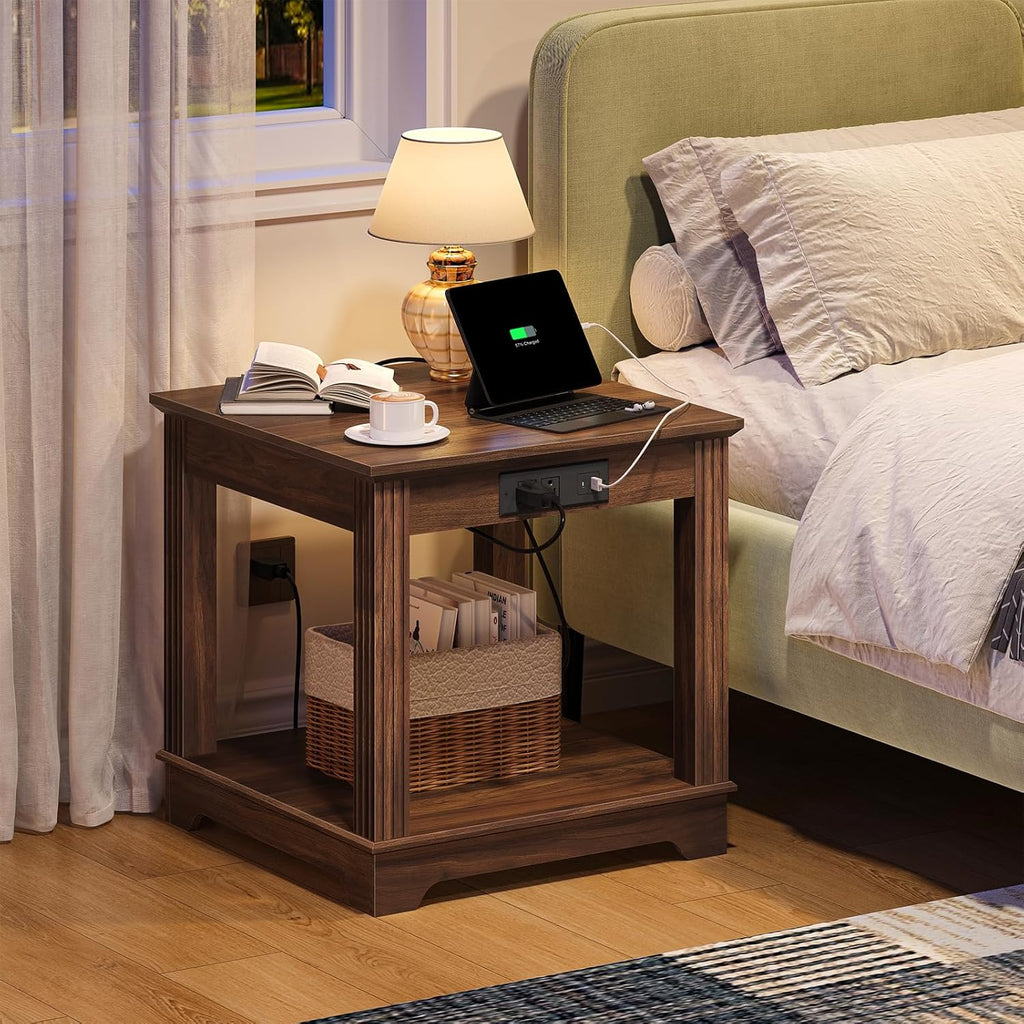 CHOEZON Farmhouse End Table with Charging Station, 2-Tier Large Side Table, Square Side Table, Nightstand, Fridge Stand, for Living Room, Bedroom, Kitchen, Walnut MBZ15UHT